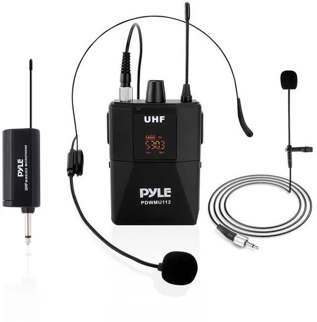 Main image of Pyle Universal UHF Wireless Microphone System - Lavalier Mic, Headset Mic, Beltpack Transmitter & Receiver (PDWMU112)