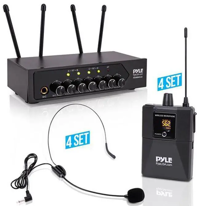 Main image of Pyle Bluetooth Wireless PA Microphone System with (4) Beltpacks, (4) Headset Mics, RCA/Aux Input - UHF Public Address System