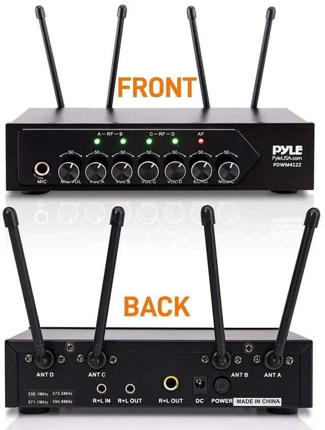 Alt view image 4 of 7 - Pyle Bluetooth Wireless PA Microphone System with (4) Beltpacks, (4) Headset Mics, RCA/Aux Input - UHF Public Address System
