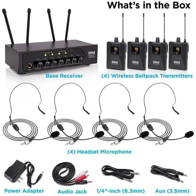 Alt view image 5 of 7 - Pyle Bluetooth Wireless PA Microphone System with (4) Beltpacks, (4) Headset Mics, RCA/Aux Input - UHF Public Address System