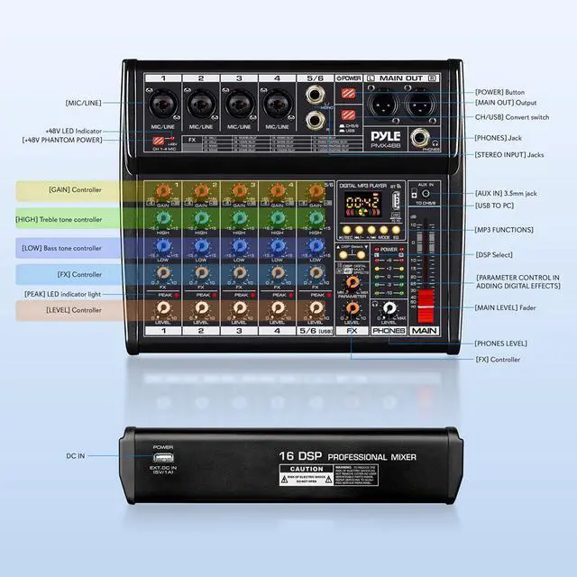 Alt view image 3 of 7 - Pyle 6-Channel Audio Mixer - Multi-FX Processor, AUX Input, MP3 Player, XLR I/O - PMX466