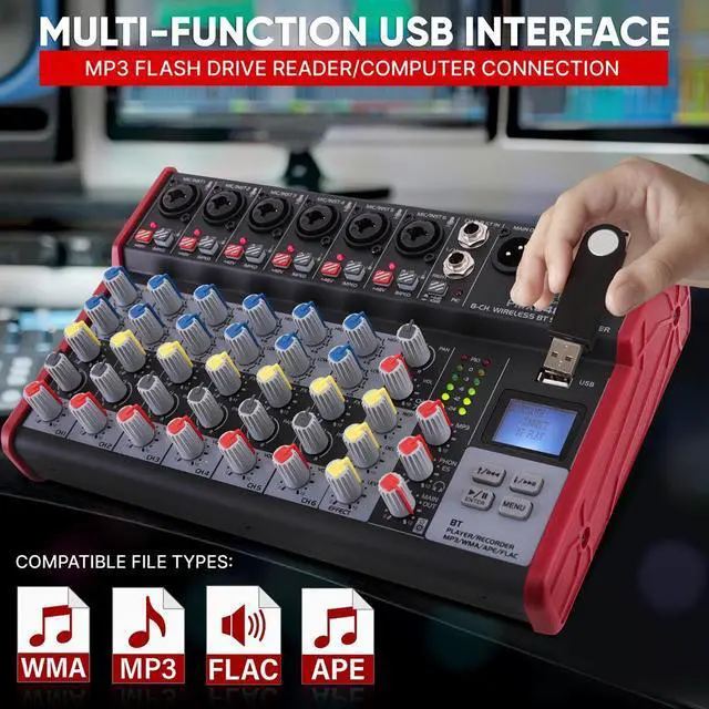Alt view image 2 of 7 - Pyle 8-Channel Bluetooth Studio Mixer - Pro Audio DJ Console with +48V Phantom Power - PMX848BT