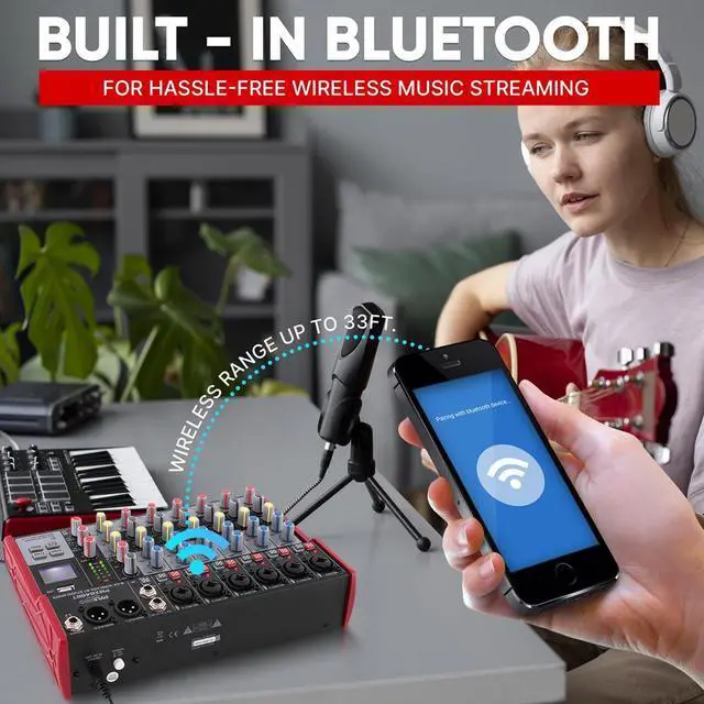 Alt view image 7 of 7 - Pyle 8-Channel Bluetooth Studio Mixer - Pro Audio DJ Console with +48V Phantom Power - PMX848BT