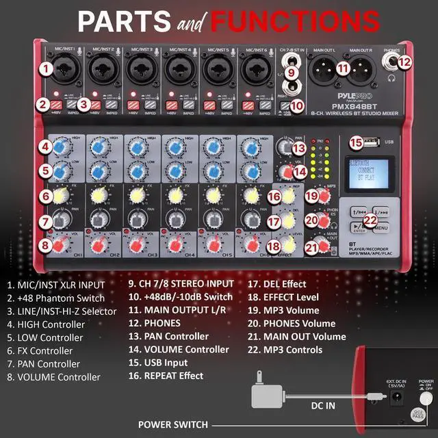 Alt view image 6 of 7 - Pyle 8-Channel Bluetooth Studio Mixer - Pro Audio DJ Console with +48V Phantom Power - PMX848BT