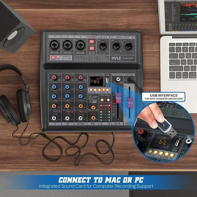 Alt view image 7 of 7 - Pyle 3-Channel Audio Mixer - Built-in FX Processor, MP3 Player, USB Interface, XLR & 6.35mm Jack - PMX462