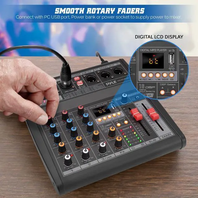 Alt view image 5 of 7 - Pyle 3-Channel Audio Mixer - Built-in FX Processor, MP3 Player, USB Interface, XLR & 6.35mm Jack - PMX462