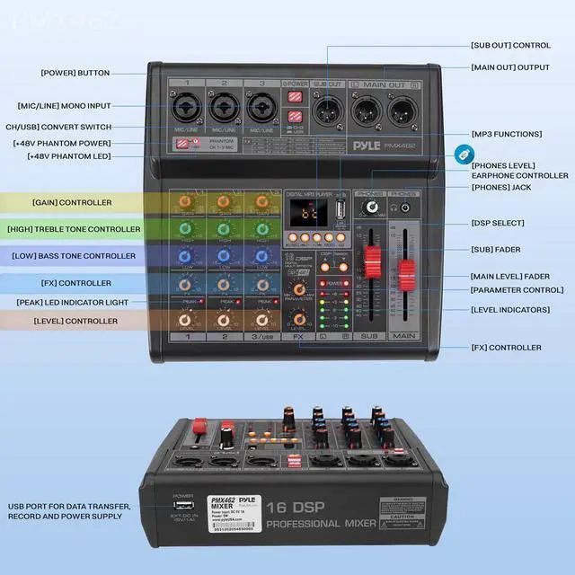 Alt view image 6 of 7 - Pyle 3-Channel Audio Mixer - Built-in FX Processor, MP3 Player, USB Interface, XLR & 6.35mm Jack - PMX462