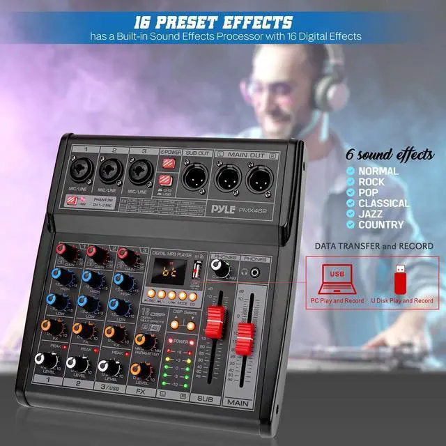 Alt view image 2 of 7 - Pyle 3-Channel Audio Mixer - Built-in FX Processor, MP3 Player, USB Interface, XLR & 6.35mm Jack - PMX462