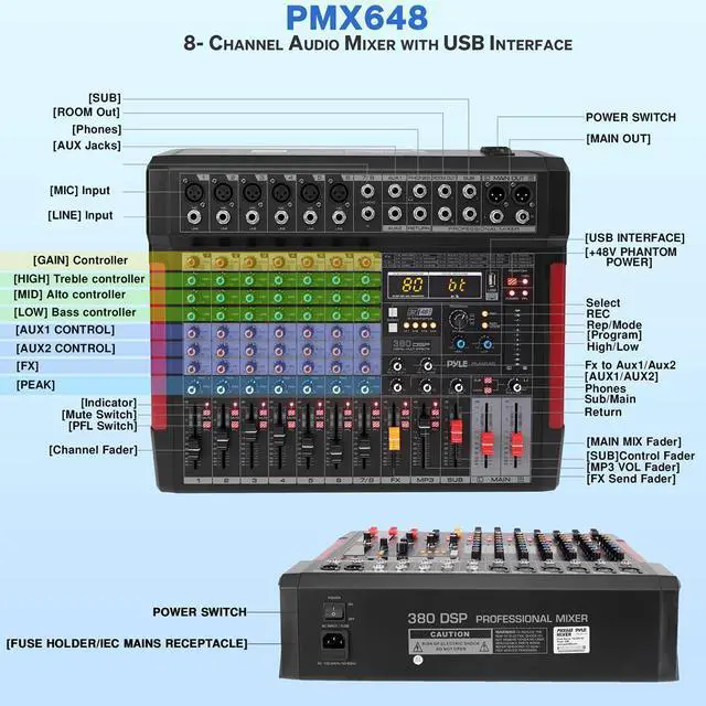 Alt view image 5 of 7 - Pyle 8-Channel Wireless Bluetooth Audio Mixer - Recording Interface, Built-in FX, 6 XLR Inputs, MP3 Player - PMX648