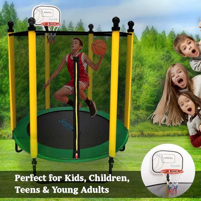 Alt view image 2 of 7 - SereneLife 5ft Outdoor & Indoor Mini Trampoline - Safety Net Enclosure, Basketball Hoop, Galvanized Frame - SLTRA5BL
