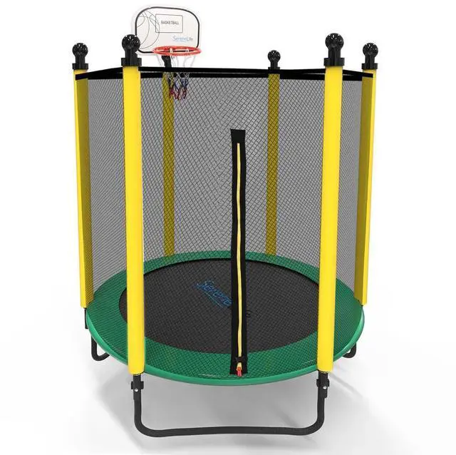 Main image of SereneLife 5ft Outdoor & Indoor Mini Trampoline - Safety Net Enclosure, Basketball Hoop, Galvanized Frame - SLTRA5BL