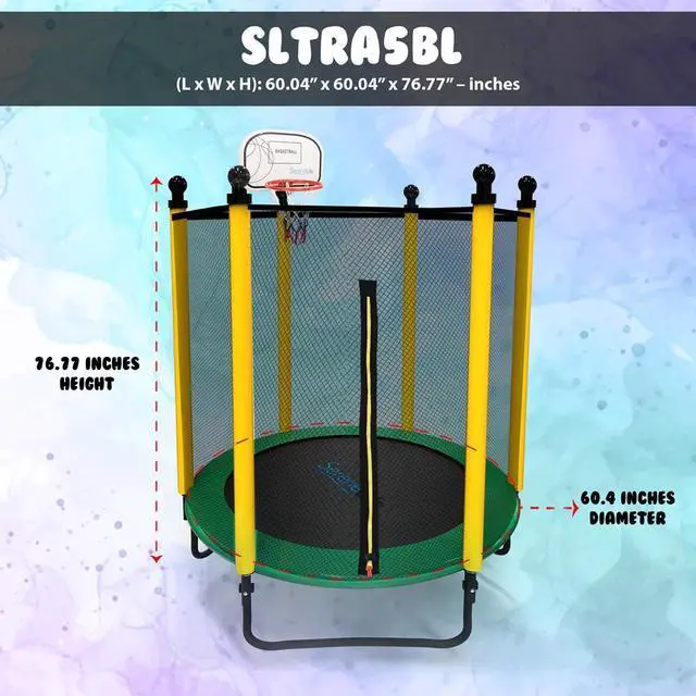 Alt view image 4 of 7 - SereneLife 5ft Outdoor & Indoor Mini Trampoline - Safety Net Enclosure, Basketball Hoop, Galvanized Frame - SLTRA5BL