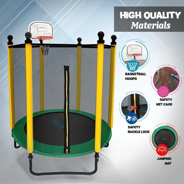 Alt view image 6 of 7 - SereneLife 5ft Outdoor & Indoor Mini Trampoline - Safety Net Enclosure, Basketball Hoop, Galvanized Frame - SLTRA5BL