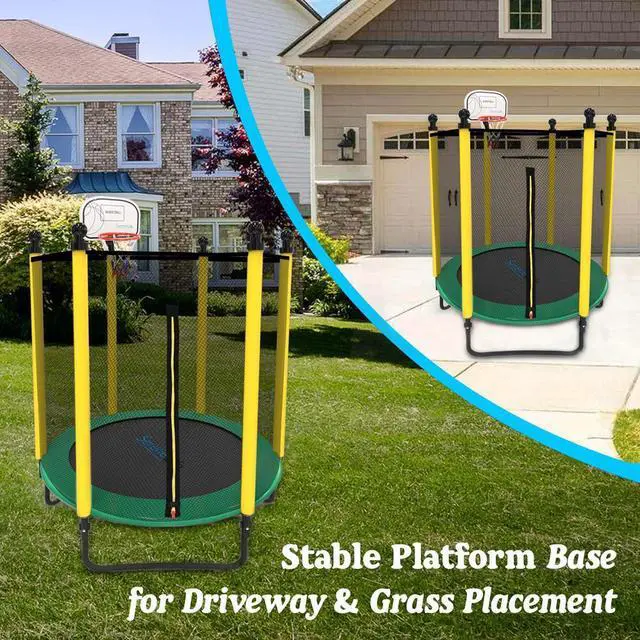 Alt view image 5 of 7 - SereneLife 5ft Outdoor & Indoor Mini Trampoline - Safety Net Enclosure, Basketball Hoop, Galvanized Frame - SLTRA5BL