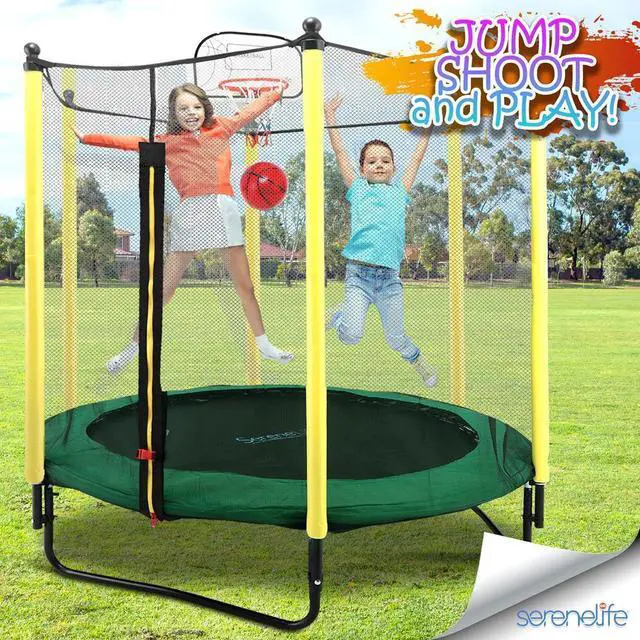 Alt view image 7 of 7 - SereneLife 5ft Outdoor & Indoor Mini Trampoline - Safety Net Enclosure, Basketball Hoop, Galvanized Frame - SLTRA5BL