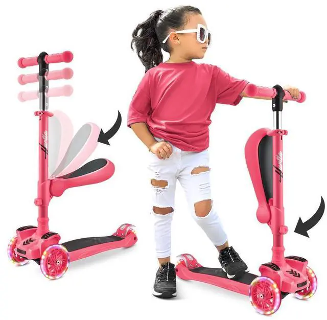 Main image of Hurtle ScootKid 3-Wheel Kids Scooter - LED Wheel Lights, Fold-Out Comfort Seat, Adjustable T-Bar Handlebar (Ages 1+) - HURFS79W (Watermelon)