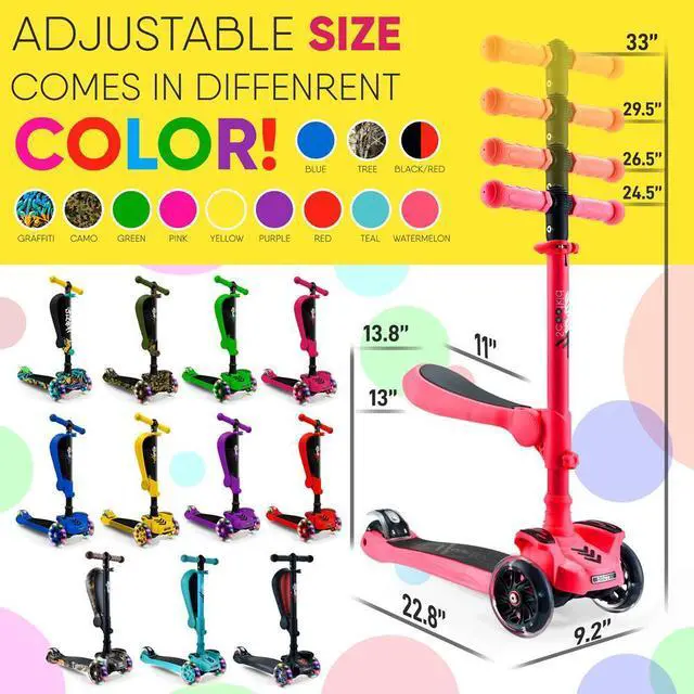 Alt view image 2 of 7 - Hurtle ScootKid 3-Wheel Kids Scooter - LED Wheel Lights, Fold-Out Comfort Seat, Adjustable T-Bar Handlebar (Ages 1+) - HURFS79W (Watermelon)