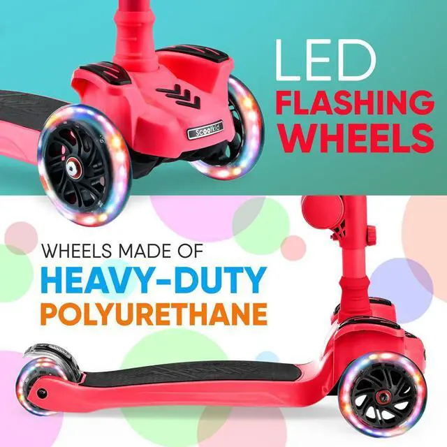 Alt view image 3 of 7 - Hurtle ScootKid 3-Wheel Kids Scooter - LED Wheel Lights, Fold-Out Comfort Seat, Adjustable T-Bar Handlebar (Ages 1+) - HURFS79W (Watermelon)