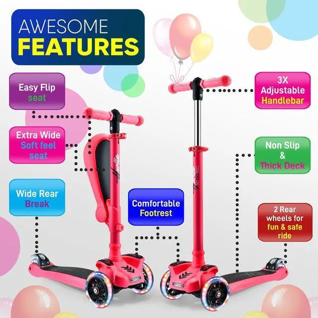 Alt view image 7 of 7 - Hurtle ScootKid 3-Wheel Kids Scooter - LED Wheel Lights, Fold-Out Comfort Seat, Adjustable T-Bar Handlebar (Ages 1+) - HURFS79W (Watermelon)