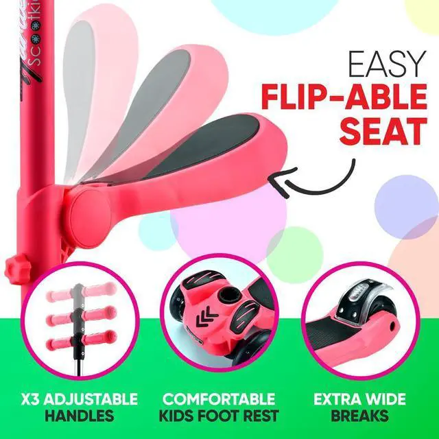 Alt view image 4 of 7 - Hurtle ScootKid 3-Wheel Kids Scooter - LED Wheel Lights, Fold-Out Comfort Seat, Adjustable T-Bar Handlebar (Ages 1+) - HURFS79W (Watermelon)