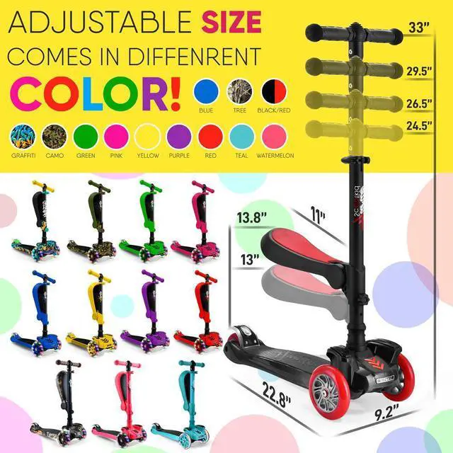 Alt view image 4 of 7 - Hurtle ScootKid 3-Wheel Kids Scooter - LED Wheel Lights, Fold-Out Comfort Seat, Adjustable T-Bar Handlebar (Ages 1+) - HURFS96