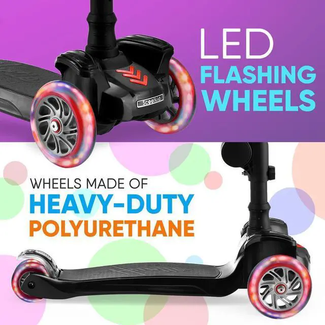 Alt view image 7 of 7 - Hurtle ScootKid 3-Wheel Kids Scooter - LED Wheel Lights, Fold-Out Comfort Seat, Adjustable T-Bar Handlebar (Ages 1+) - HURFS96