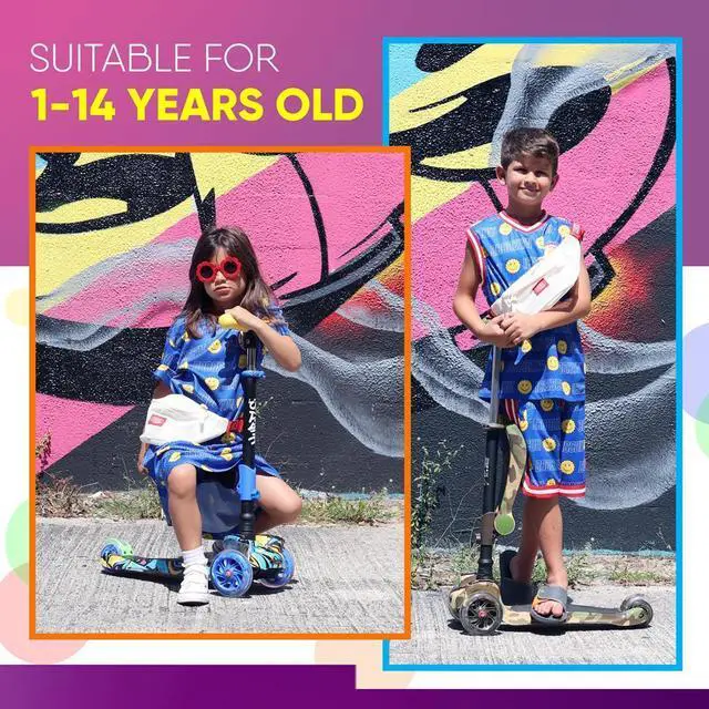 Alt view image 6 of 7 - Hurtle ScootKid 3-Wheel Kids Scooter - LED Wheel Lights, Fold-Out Comfort Seat, Adjustable T-Bar Handlebar (Ages 1+) - HURFS96
