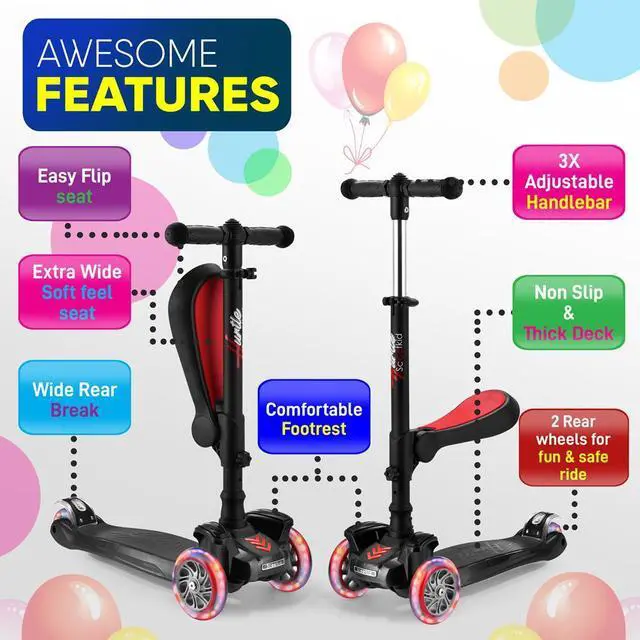 Alt view image 2 of 7 - Hurtle ScootKid 3-Wheel Kids Scooter - LED Wheel Lights, Fold-Out Comfort Seat, Adjustable T-Bar Handlebar (Ages 1+) - HURFS96