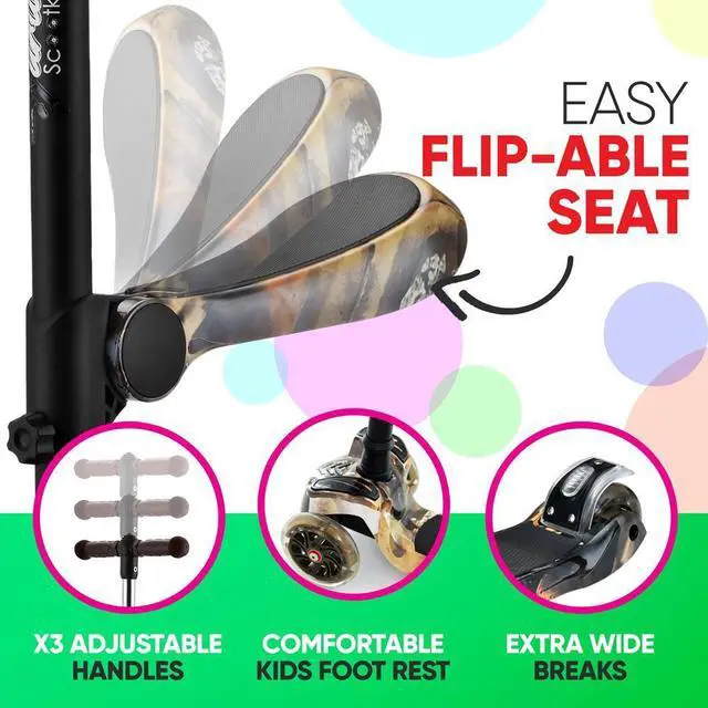 Alt view image 5 of 7 - Hurtle ScootKid 3-Wheel Kids Scooter - LED Wheel Lights, Fold-Out Comfort Seat, Adjustable T-Bar Handlebar (Ages 1+) - HURFSRT (Real Tree)