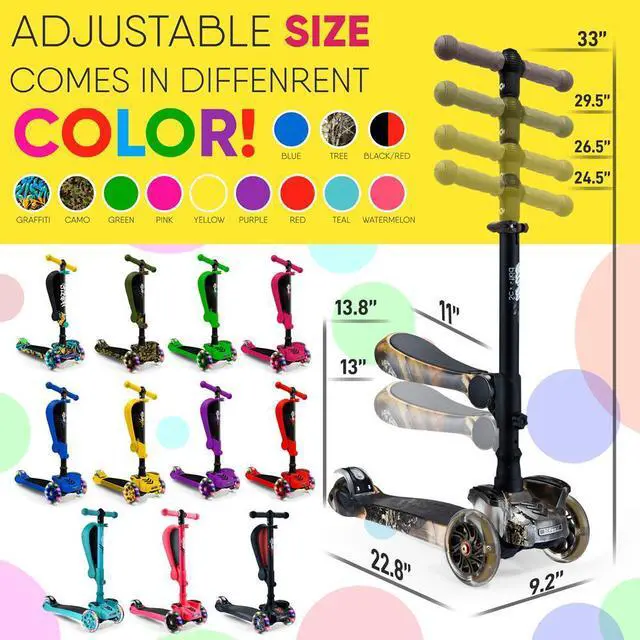 Alt view image 3 of 7 - Hurtle ScootKid 3-Wheel Kids Scooter - LED Wheel Lights, Fold-Out Comfort Seat, Adjustable T-Bar Handlebar (Ages 1+) - HURFSRT (Real Tree)