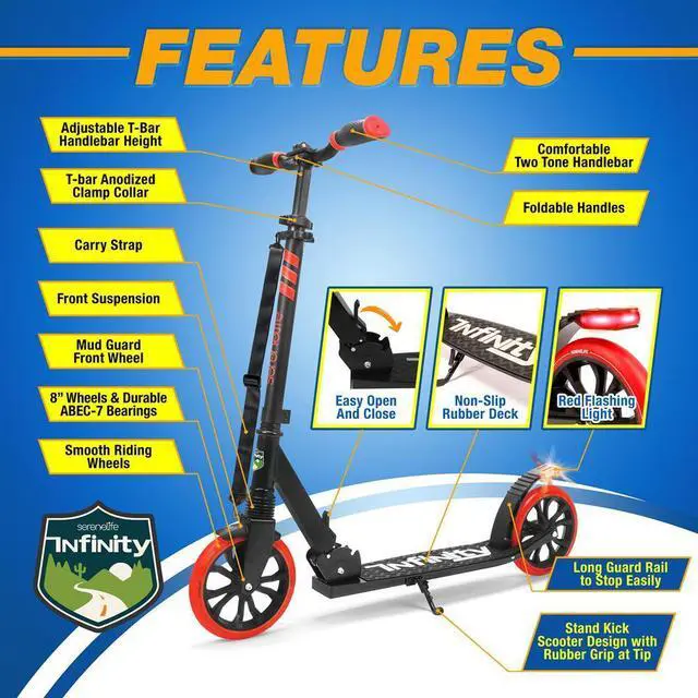 Alt view image 4 of 7 - SereneLife Lightweight and Foldable Kick Scooter - Adjustable Alloy Deck with High Impact Wheels for Teens and Adults - SLTS57 (Red and Black)