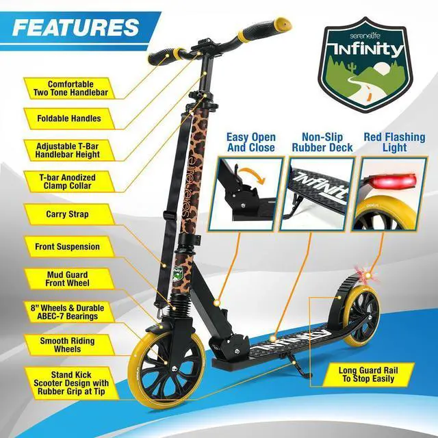 Alt view image 2 of 7 - SereneLife Lightweight and Foldable Kick Scooter - Adjustable Alloy Deck with High Impact Wheels for Teens and Adults (Leopard) - SLTS85