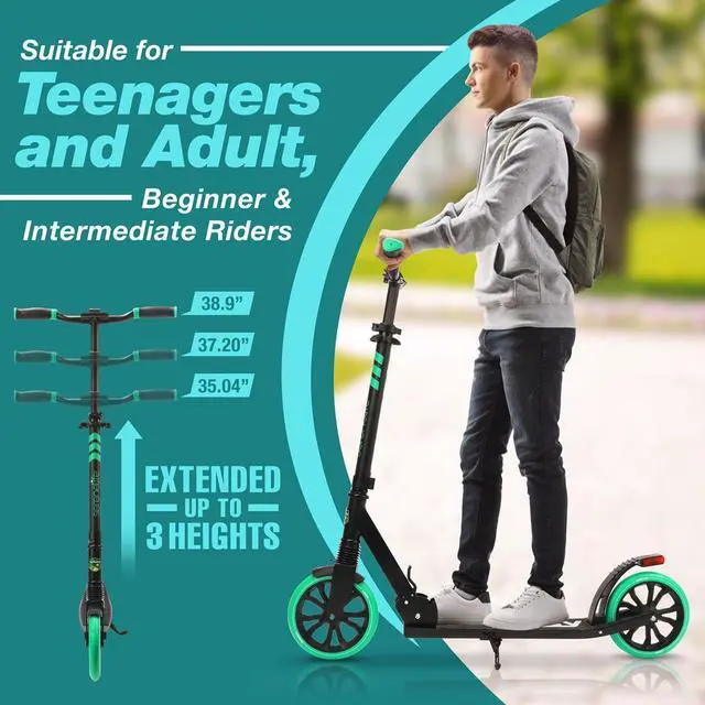 Alt view image 4 of 7 - SereneLife Lightweight and Foldable Kick Scooter - Adjustable Alloy Deck with High Impact Wheels for Kids and Teens (Aqua on Black) - SLTS02