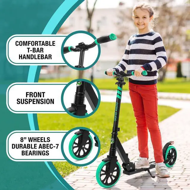 Alt view image 3 of 7 - SereneLife Lightweight and Foldable Kick Scooter - Adjustable Alloy Deck with High Impact Wheels for Kids and Teens (Aqua on Black) - SLTS02