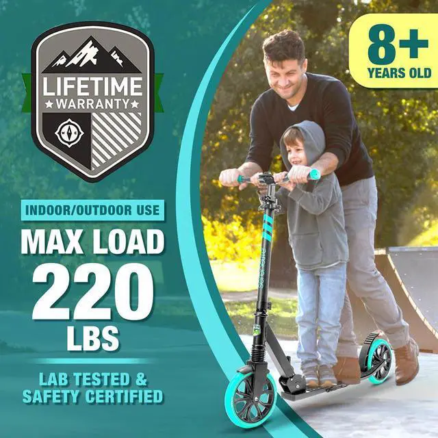 Alt view image 5 of 7 - SereneLife Lightweight and Foldable Kick Scooter - Adjustable Alloy Deck with High Impact Wheels for Kids and Teens (Aqua on Black) - SLTS02