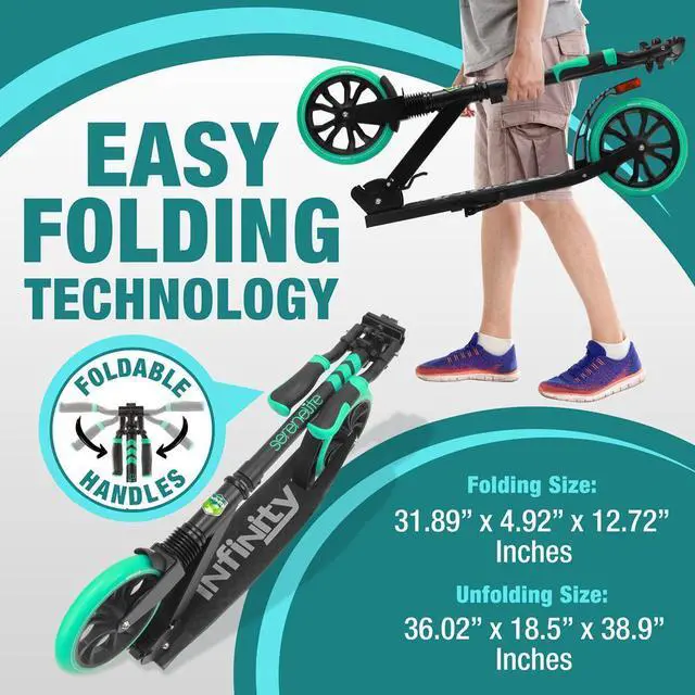 Alt view image 7 of 7 - SereneLife Lightweight and Foldable Kick Scooter - Adjustable Alloy Deck with High Impact Wheels for Kids and Teens (Aqua on Black) - SLTS02