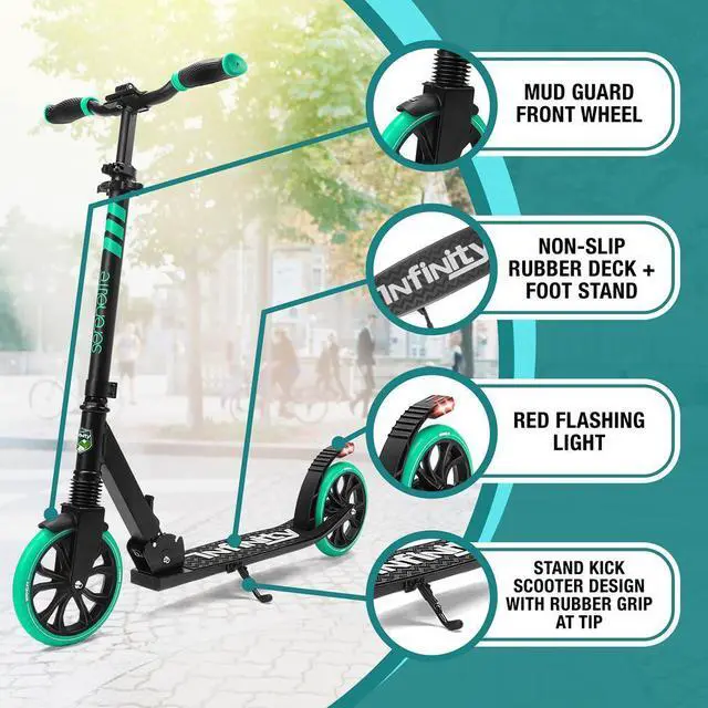Alt view image 2 of 7 - SereneLife Lightweight and Foldable Kick Scooter - Adjustable Alloy Deck with High Impact Wheels for Kids and Teens (Aqua on Black) - SLTS02