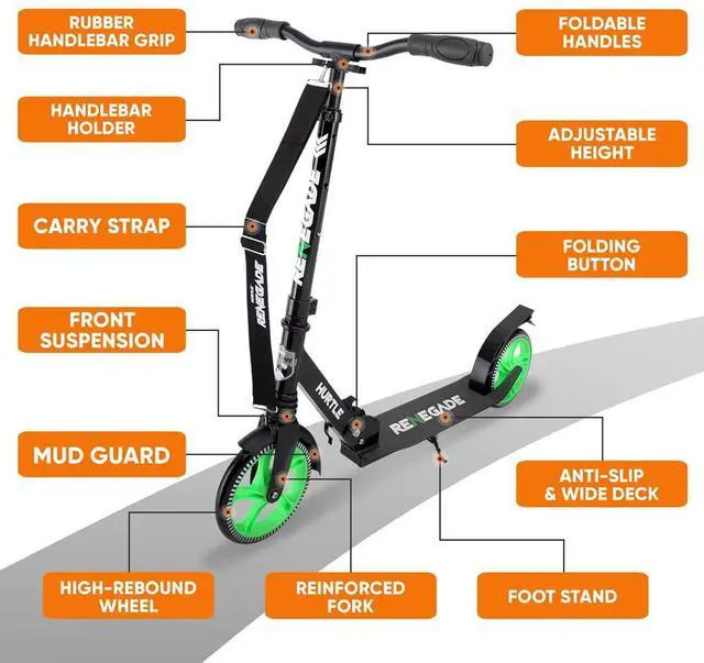 Alt view image 6 of 7 - Hurtle Lightweight and Foldable Kick Scooter - Adjustable Alloy Deck with High Impact Wheels for Teens and Adults (Green) - HURTS56