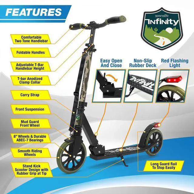 Alt view image 5 of 7 - SereneLife Lightweight and Foldable Kick Scooter - Adjustable Alloy Deck with High Impact Wheels for Kids and Teens (Camo) - SLTS13