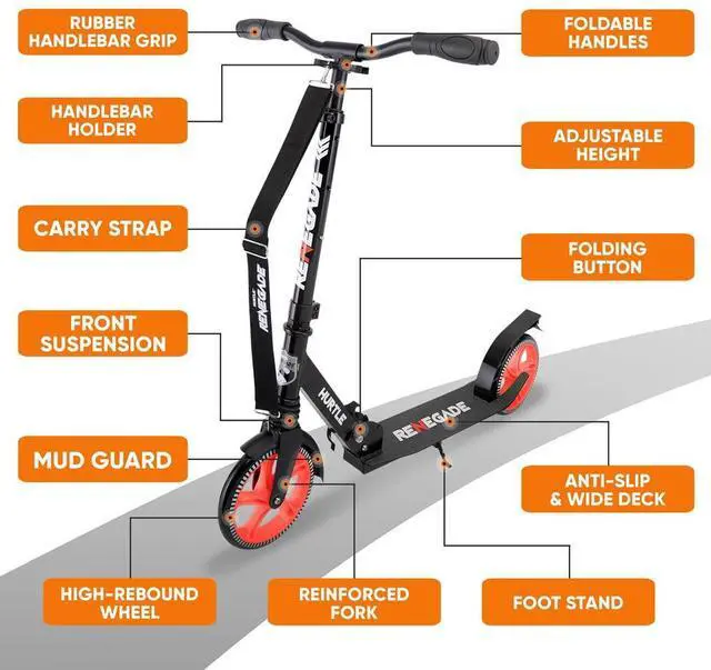 Alt view image 4 of 6 - Hurtle Lightweight and Foldable Kick Scooter - Adjustable Alloy Deck with High Impact Wheels for Teens and Adults (Black) - HURTSBLK