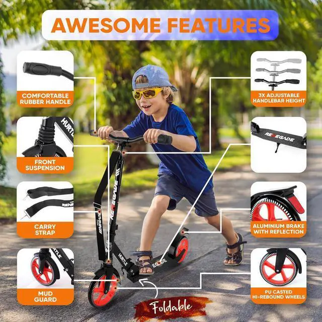 Alt view image 3 of 6 - Hurtle Lightweight and Foldable Kick Scooter - Adjustable Alloy Deck with High Impact Wheels for Teens and Adults (Black) - HURTSBLK