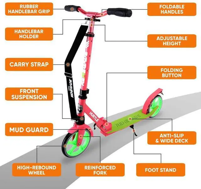 Alt view image 7 of 7 - Hurtle Lightweight and Foldable Kick Scooter - Adjustable Alloy Deck with High Impact Wheels for Teens and Adults (Watermelon) - HURTS89