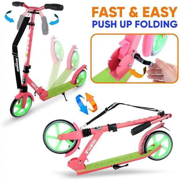 Alt view image 5 of 7 - Hurtle Lightweight and Foldable Kick Scooter - Adjustable Alloy Deck with High Impact Wheels for Teens and Adults (Watermelon) - HURTS89