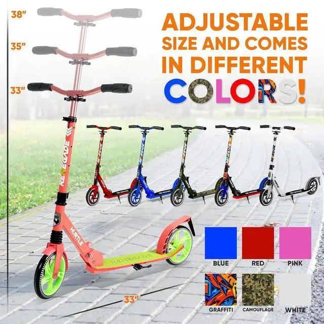 Alt view image 2 of 7 - Hurtle Lightweight and Foldable Kick Scooter - Adjustable Alloy Deck with High Impact Wheels for Teens and Adults (Watermelon) - HURTS89