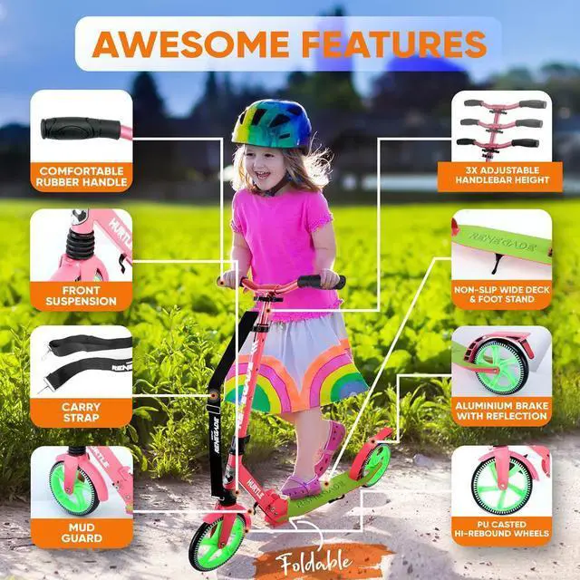 Alt view image 6 of 7 - Hurtle Lightweight and Foldable Kick Scooter - Adjustable Alloy Deck with High Impact Wheels for Teens and Adults (Watermelon) - HURTS89