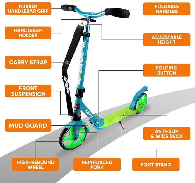 Alt view image 4 of 7 - Hurtle Lightweight and Foldable Kick Scooter - Adjustable Alloy Deck with High Impact Wheels for Teens and Adults (Teal Blue) - HURTSTEL