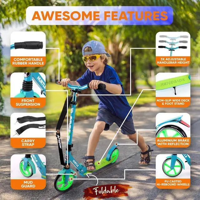 Alt view image 5 of 7 - Hurtle Lightweight and Foldable Kick Scooter - Adjustable Alloy Deck with High Impact Wheels for Teens and Adults (Teal Blue) - HURTSTEL