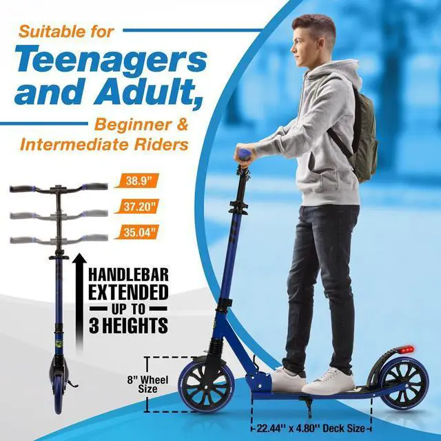 Alt view image 4 of 7 - SereneLife Lightweight and Foldable Kick Scooter - Adjustable Alloy Deck with High Impact Wheels for Teens and Adults (Blue) - SLTS68