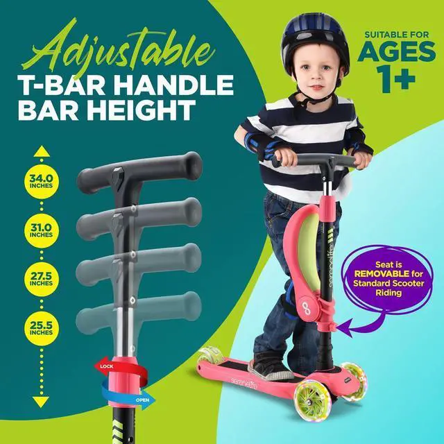 Alt view image 3 of 7 - SereneLife Infinity 3-Wheel Kids Scooter - Child & Toddler Toy Scooter with LED Wheel Lights, Fold-Out Comfort Seat (Watermelon) - SLKS39