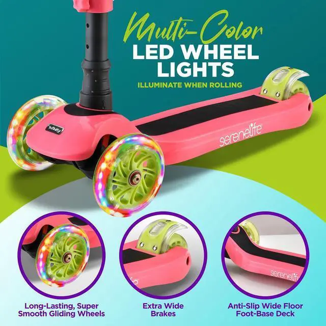 Alt view image 7 of 7 - SereneLife Infinity 3-Wheel Kids Scooter - Child & Toddler Toy Scooter with LED Wheel Lights, Fold-Out Comfort Seat (Watermelon) - SLKS39
